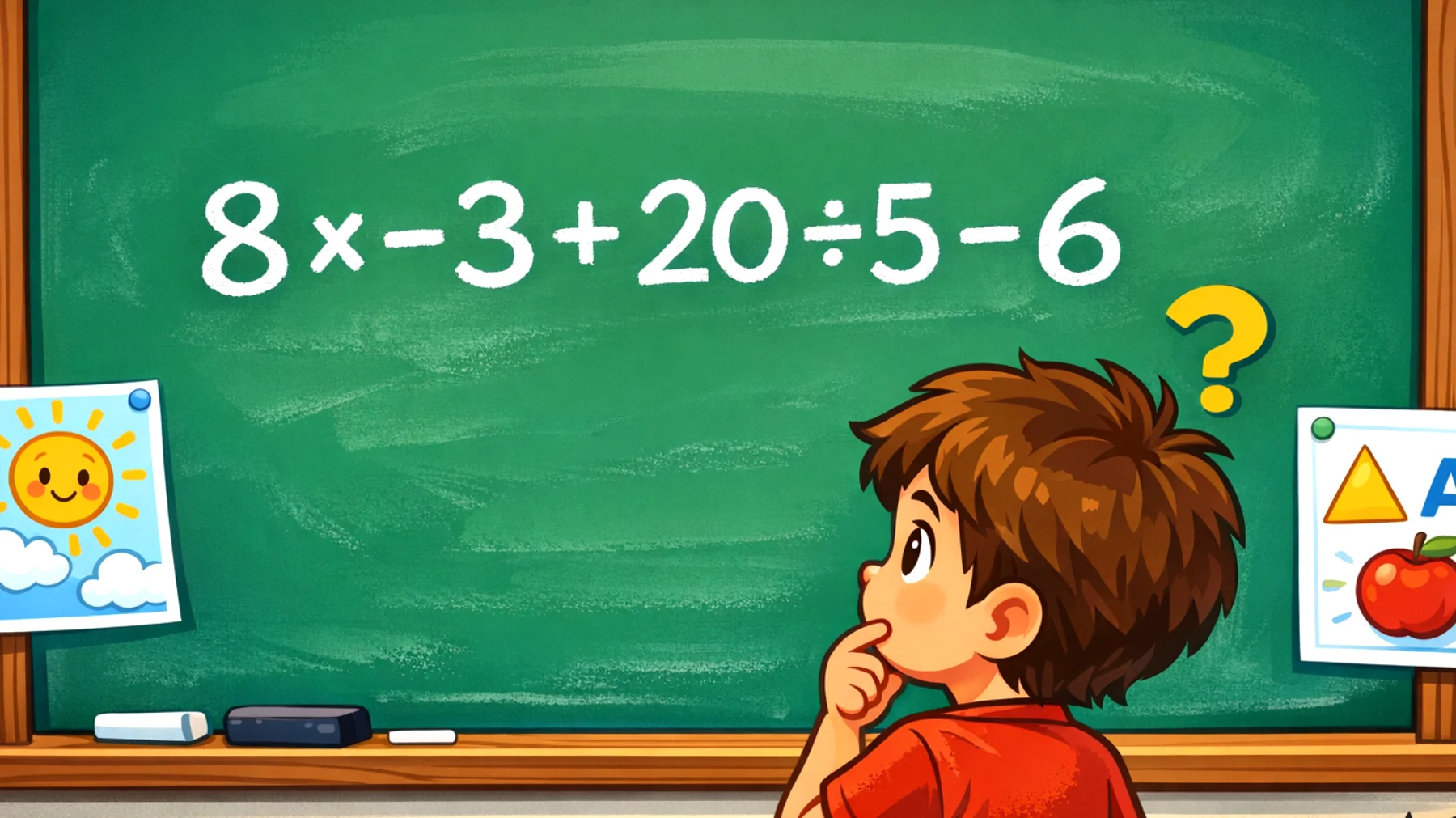 Il 90% sbaglia questo calcolo: quanto fa 8×-3 + 20÷5 - 6? Solo le menti brillanti rispondono subito"