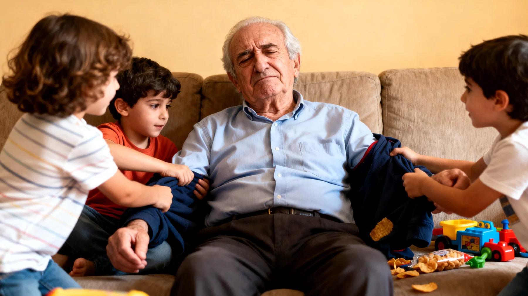 Il nonno fatica enormemente a dire 'no' ai nipoti piccoli, cedendo quasi sempre alle loro richieste per evitare pianti, capricci o il timore di deluderli, finendo per assumere un ruolo permissivo che crea confusione nei bambini e tensioni con i genitori."