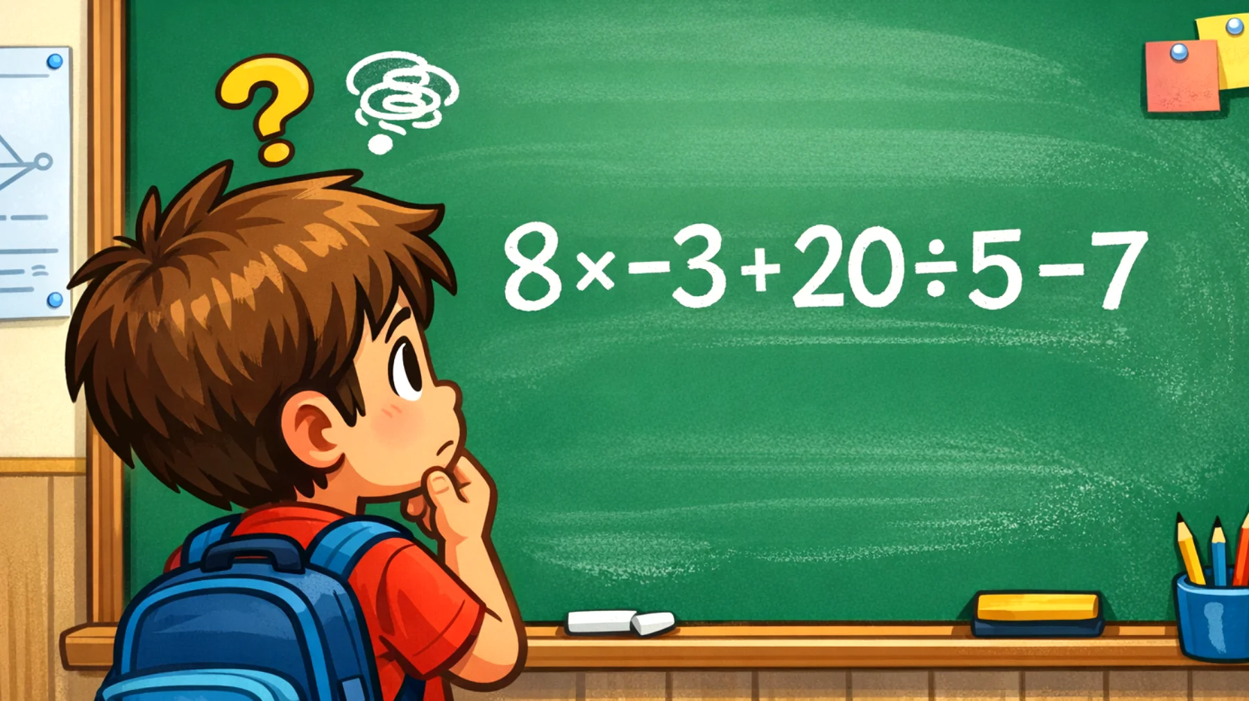 Solo i veri geni risolvono questo calcolo al primo colpo: quanto fa 8 × -3 + 20 ÷ 5 - 7?"
